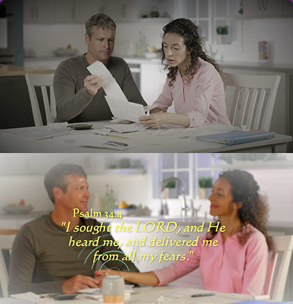 Couple going from stress to enlightened listening to My Mood Bible™ at the dinner table